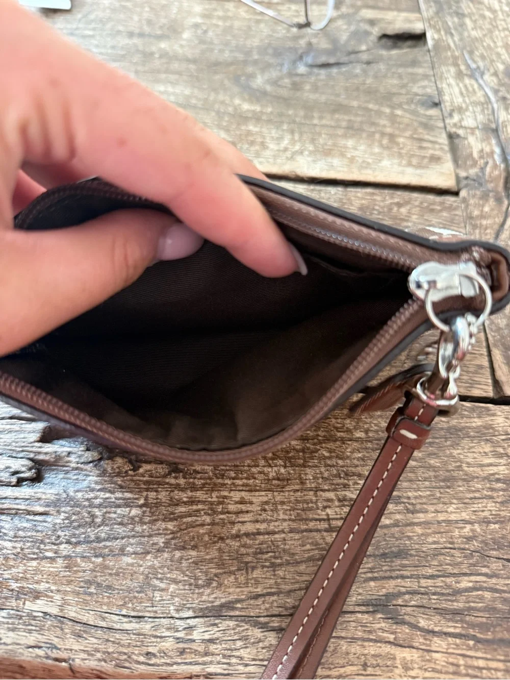 Coach Tan and Brown Signature Canvas Wristlet with Leather Trim